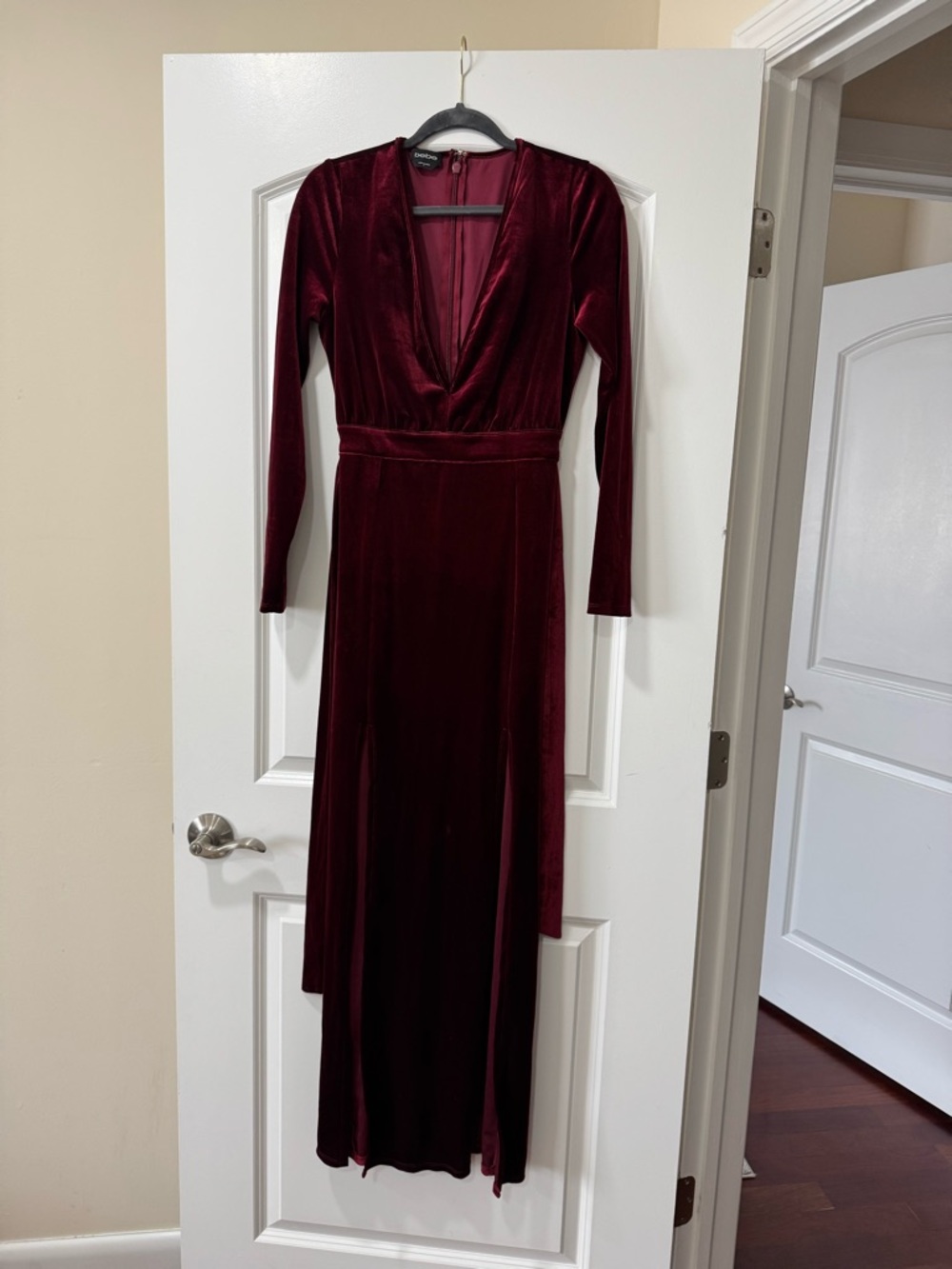 bebe Long Sleeve Velvet Wrap Maxi Dress in Burgundy